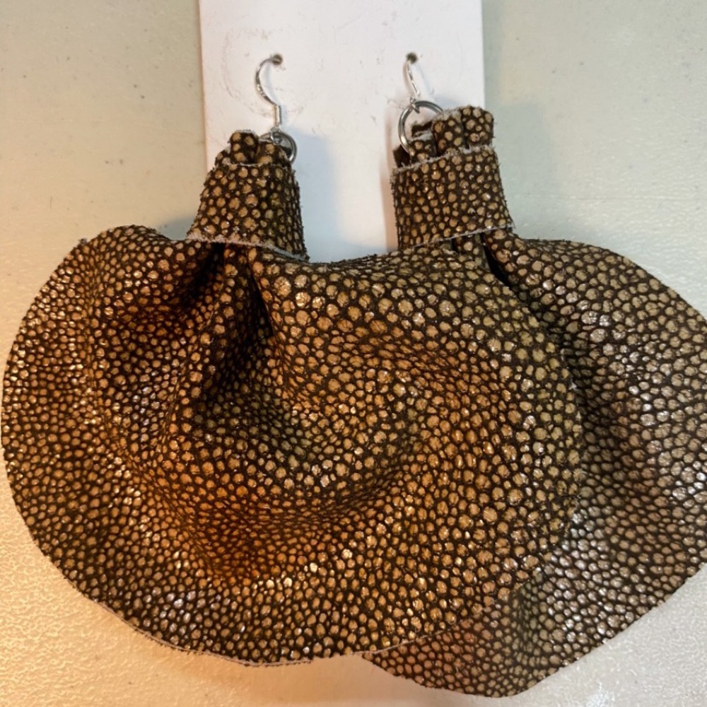 Unique Leather Suede chocolate with gold embossed Elephant Ears Earrings